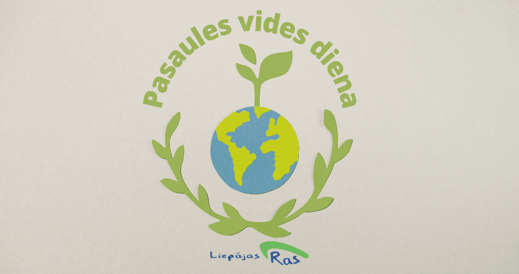 Attēlā zemeslode ar zaļām lapiņām, Liepājas RAS logo un tekstu "Pasaules vides diena"